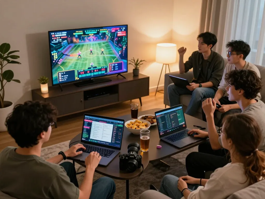 KÈO TRỰC TUYẾN showcasing friends engaging in sports betting during a thrilling game night.