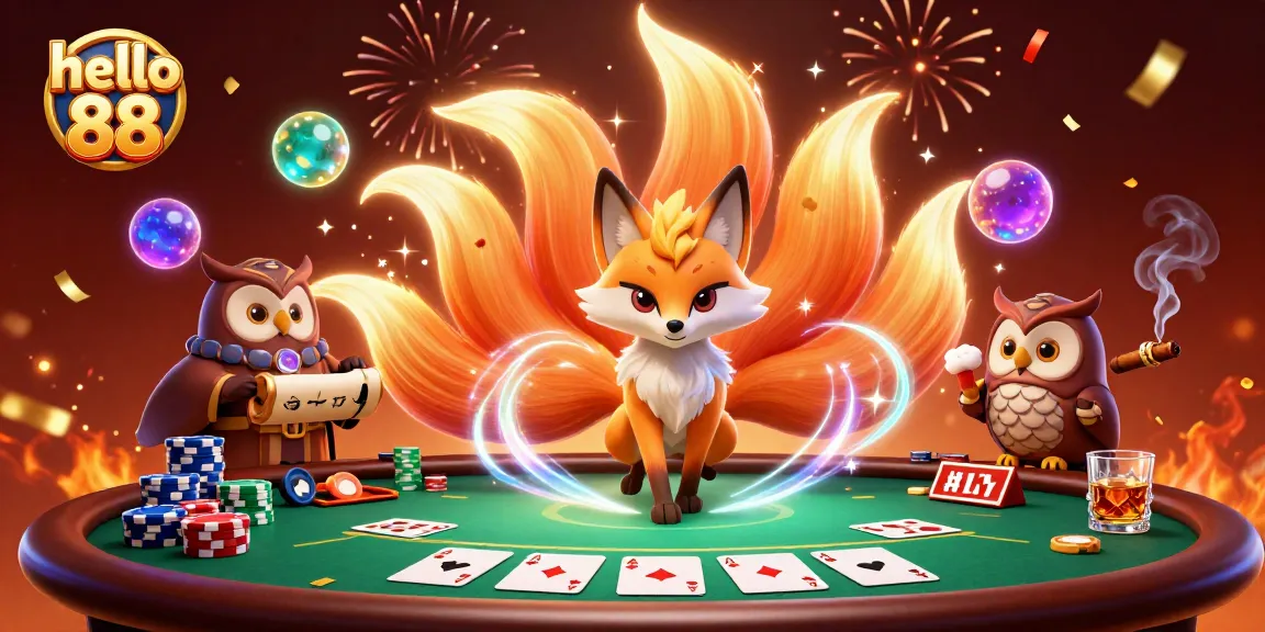 Engage with hello 88 as the nine-tailed fox spirit and owl sage play poker amidst vibrant celebrations.