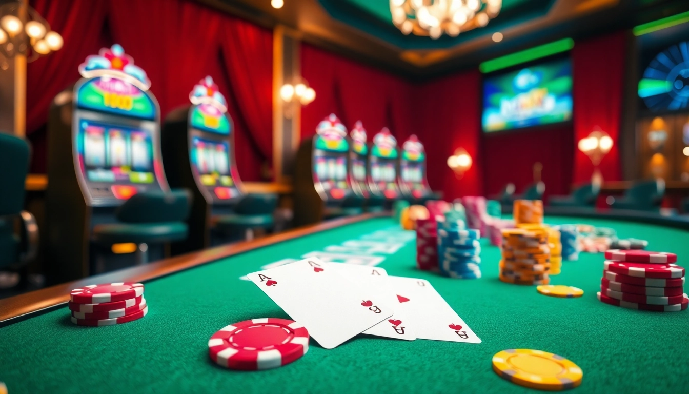 Casino spielen mit bunten Chips und Spielkarten auf einem eleganten Tisch im Casino.
