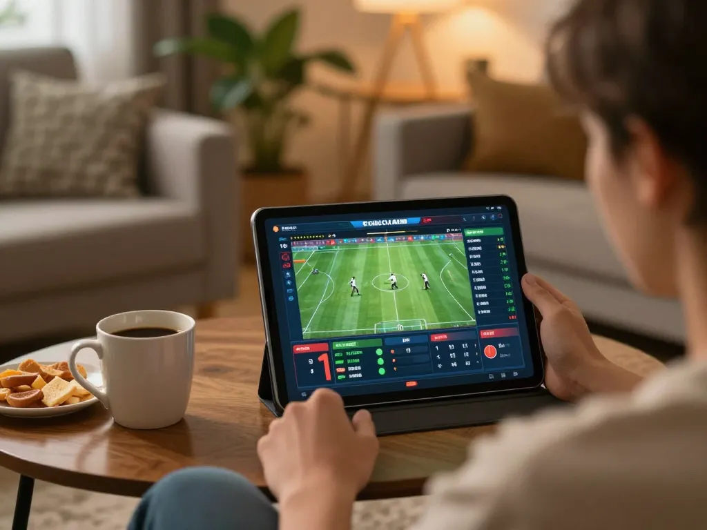 Person analyzing live bong da lu scores on tablet during online sports betting session.