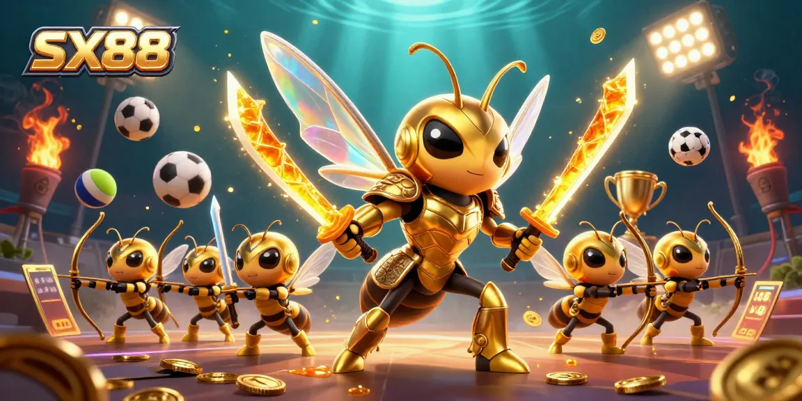 SX88 showcases a dynamic gaming scene with a golden hornet hero and sports elements for an exciting casino experience.