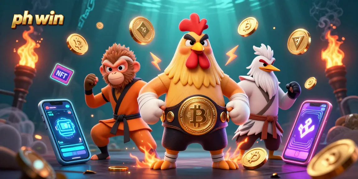 Join ph win for thrilling casino adventures, featuring a dynamic scene with martial artists and cryptocurrency elements.