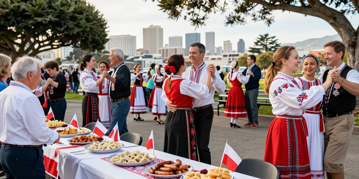 Polish community gathering celebrating culture at https://www.sfpol.com/ in San Francisco park, showing traditional dances and food.