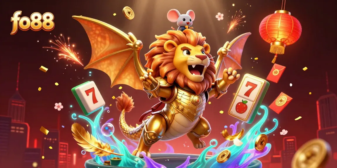 Experience the excitement of fo88 with a roaring chimera and vibrant casino elements.