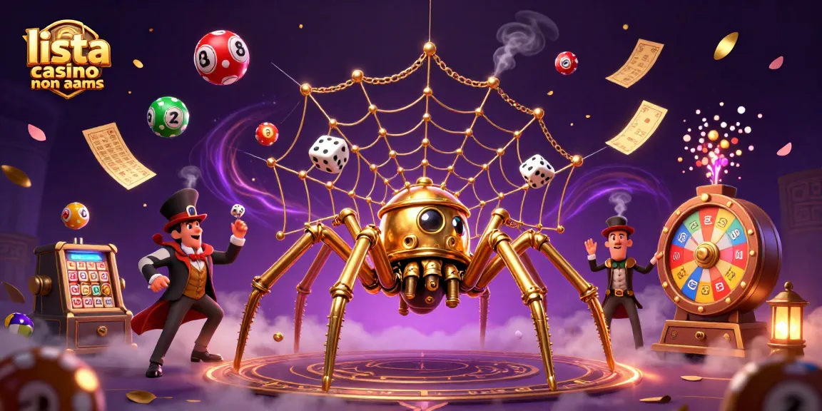 Scopri la lista casino non aams con un'illustrazione 3D di un ragno steampunk d'oro e elementi di gioco vibranti.
