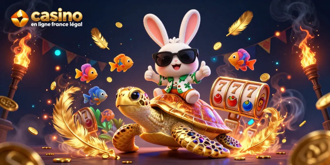 Illustration dynamique représentant un casino en ligne France légal avec un lapin chanceux et une tortue dorée.