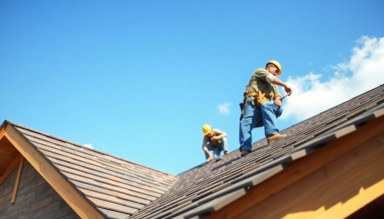 Workers expertly installing roofing materials with Twin Shield Roofing on a sunny day.