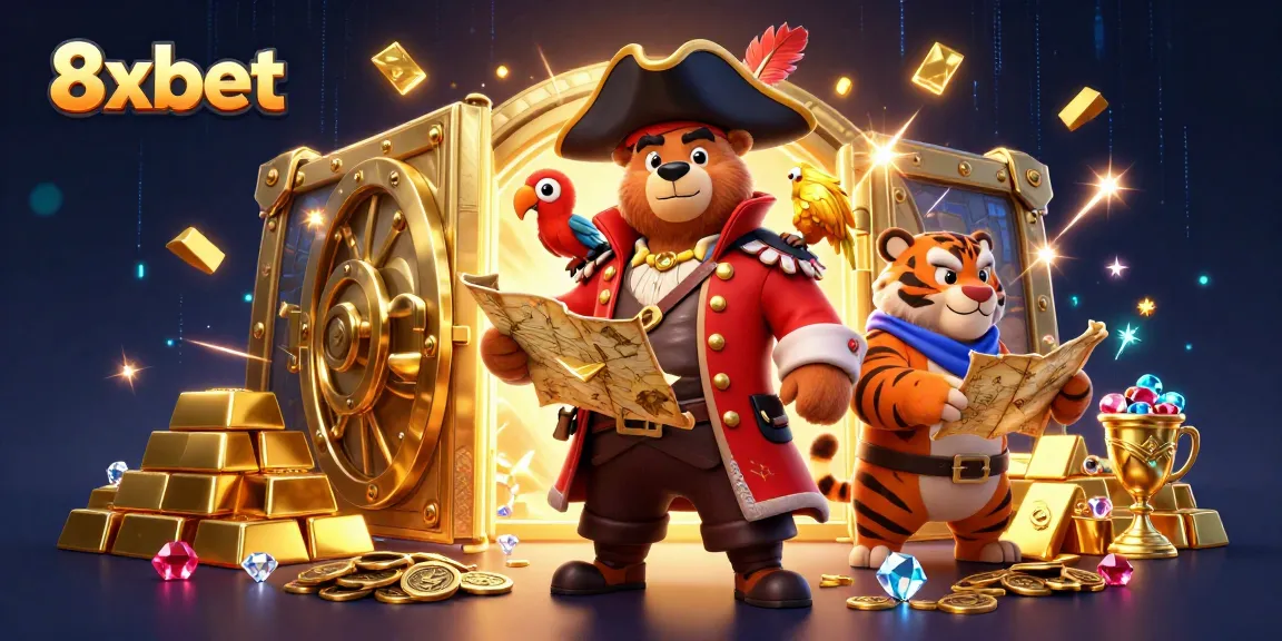 Experience vibrant 8xbet gaming excitement with engaging characters and treasure-filled casino elements.