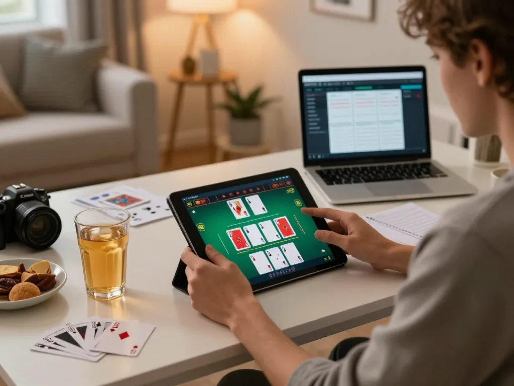 Situs 1k player engaging in live dealer blackjack at home workspace, creating a strategic gaming atmosphere