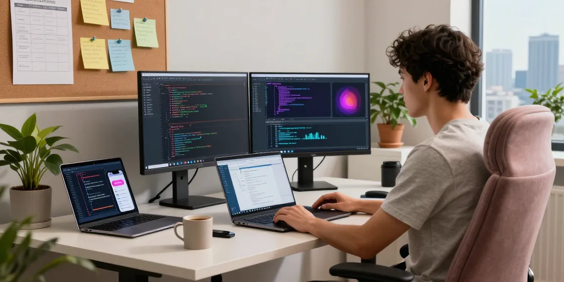 Developer coding in a tech workspace representing 纸飞机官网 innovation and collaboration.