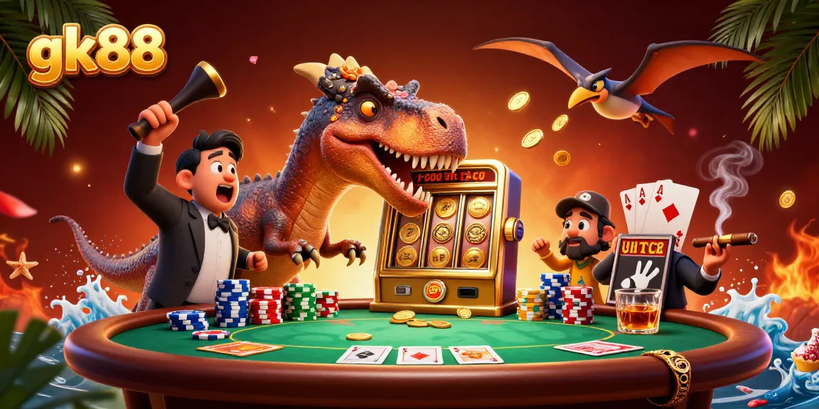 Join the excitement at gk88 as a pachycephalosaurus wins jackpots from a golden slot machine in this vibrant casino scene.