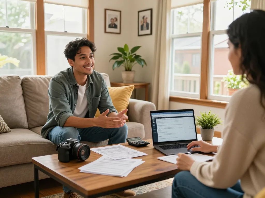 We buy houses scene showing a friendly cash offer discussion in a cozy living room.