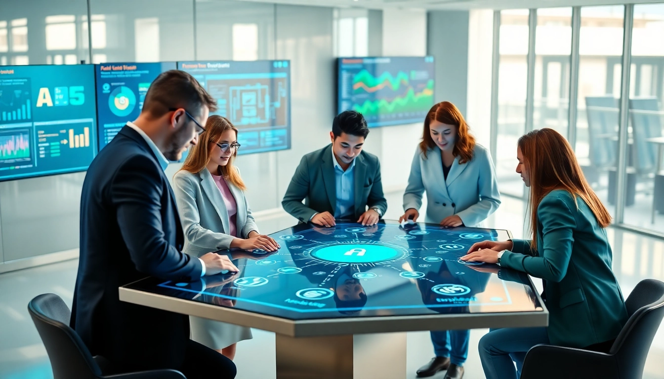 Engaged users discussing features of a secure link sharing platform in a modern office setting.