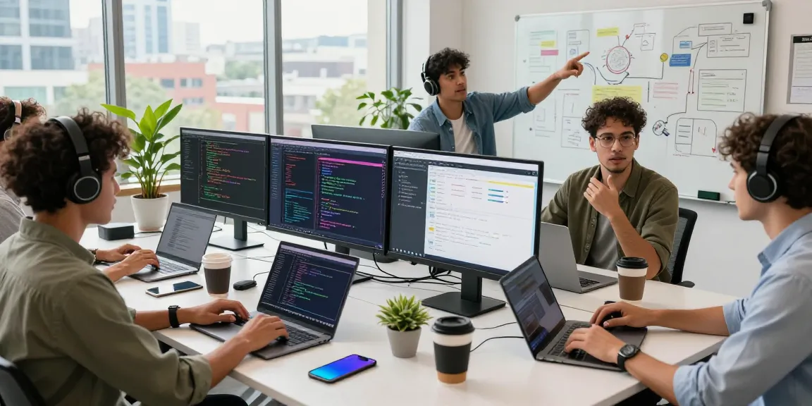 Dynamic team collaborating on innovative software solutions, showcasing 纸飞机下载 project development in a modern workspace.
