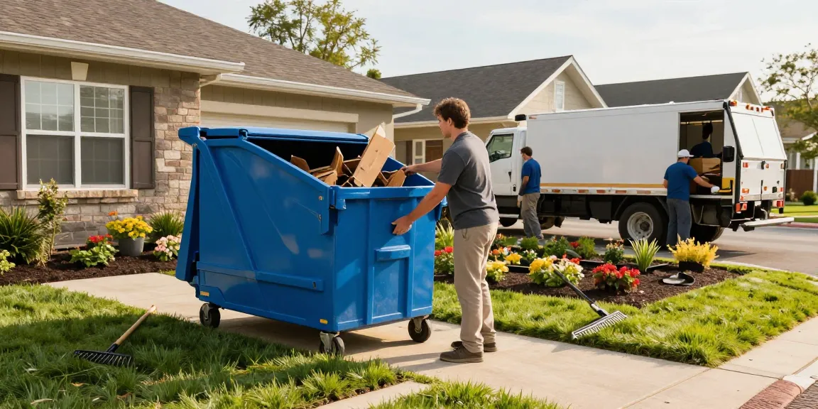 Dumpster rental in Sarasota FL, homeowner loading yard debris into a 20-yard roll-off dumpster in sunny residential project.