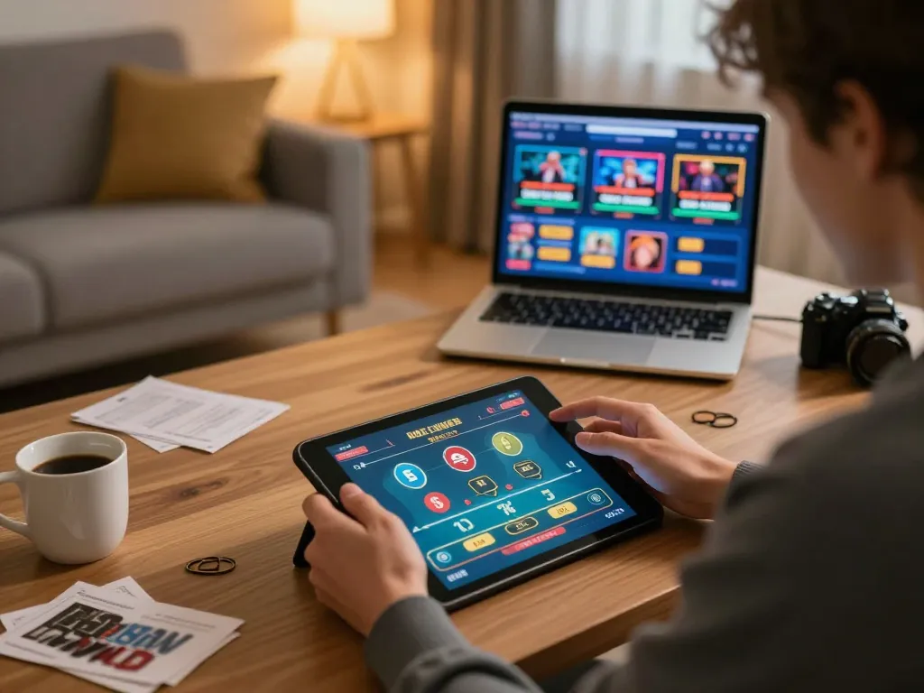 Engaging in online gaming experience with TV88 on a tablet, showcasing modern gaming setup and cozy atmosphere