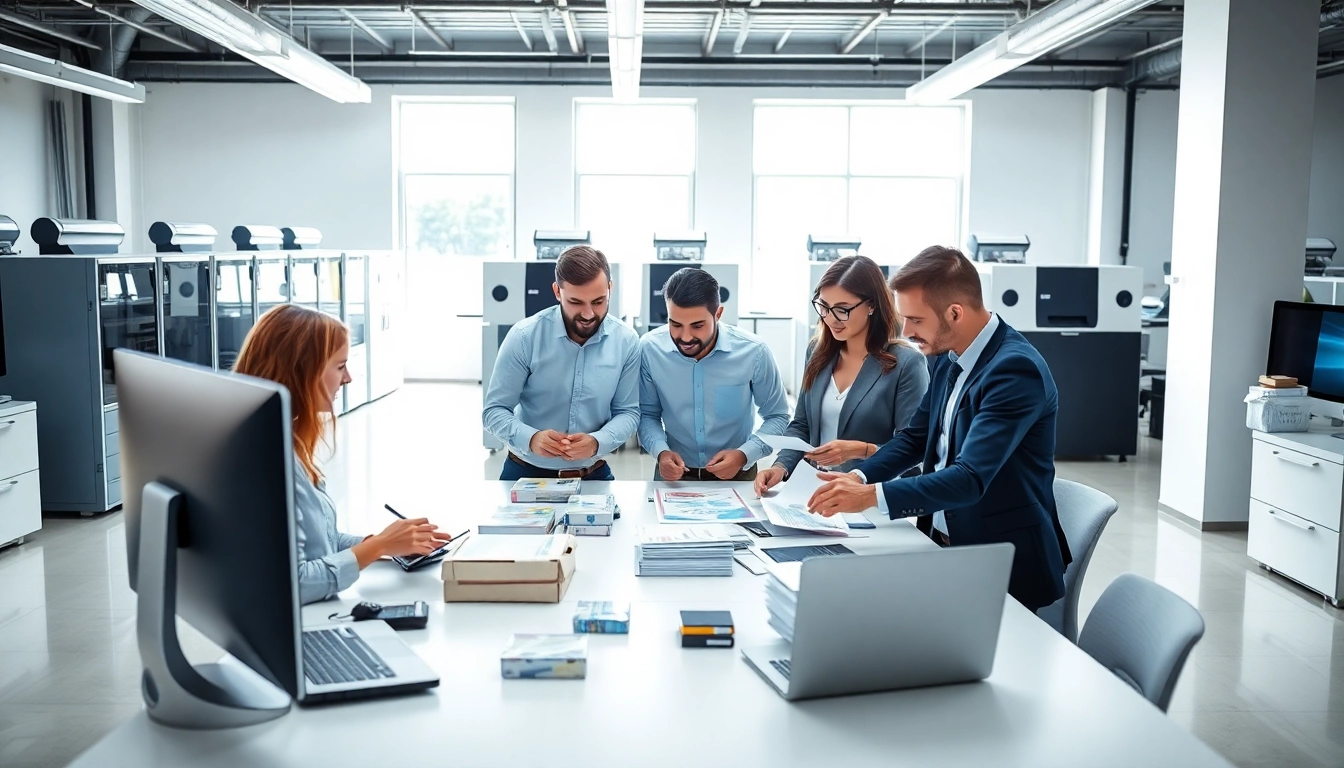 Engaging team at a direct mailing company working collaboratively in a modern office.