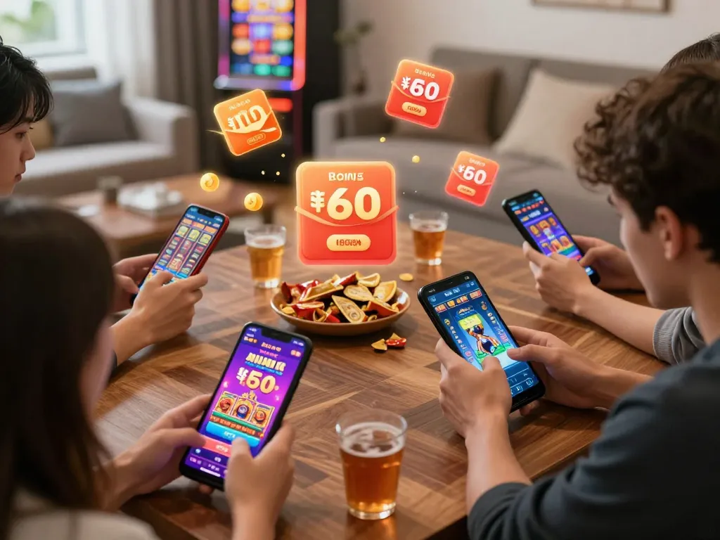 A player engaging with mobile casino showcasing a bonus new member promotion, emphasizing excitement and casual fun in online gaming.