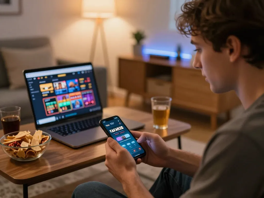 Player engaging in FAFA828 slots on smartphone in a cozy living room setting