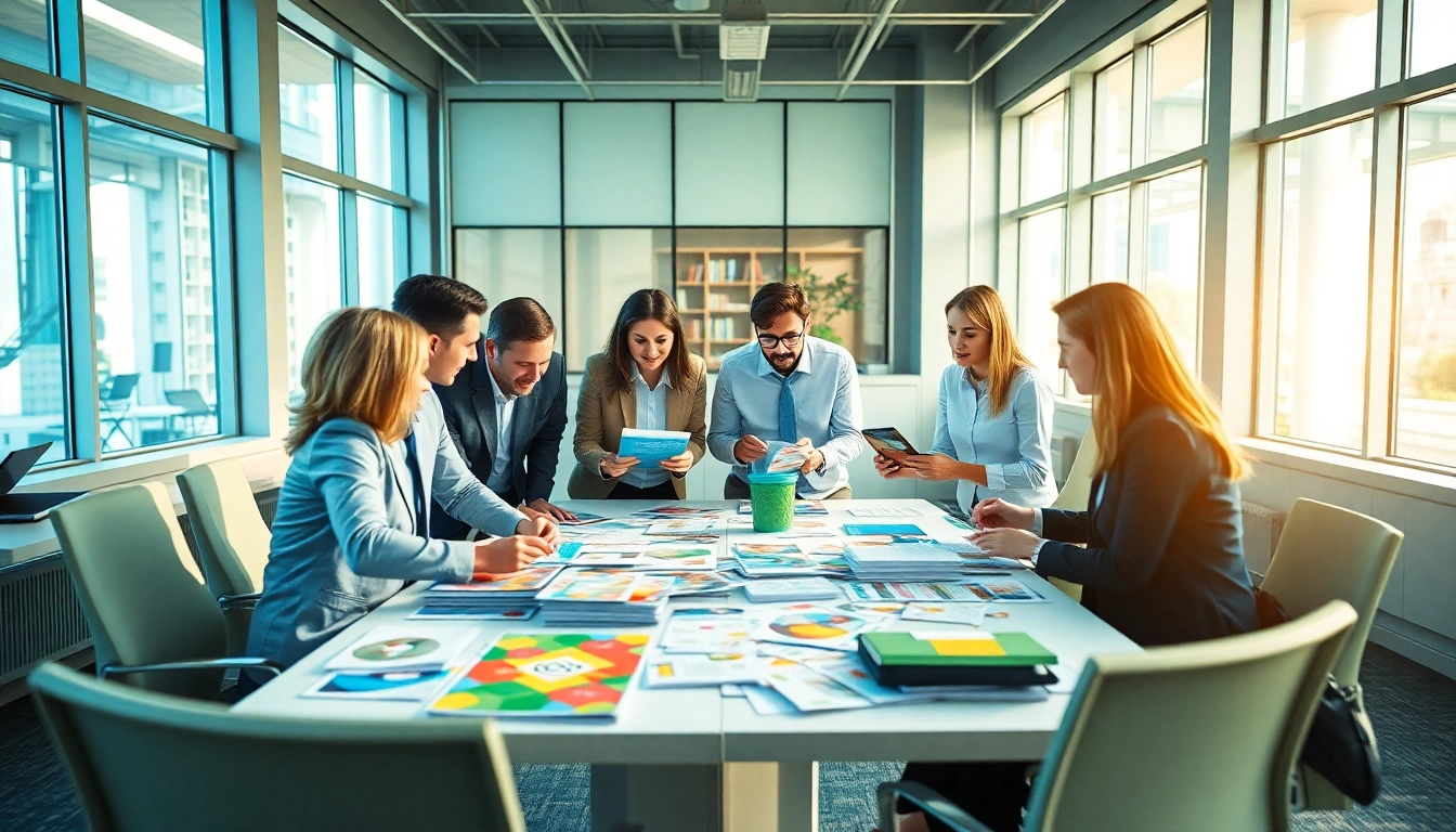 Direct mail company team brainstorming with vibrant materials in a modern office.