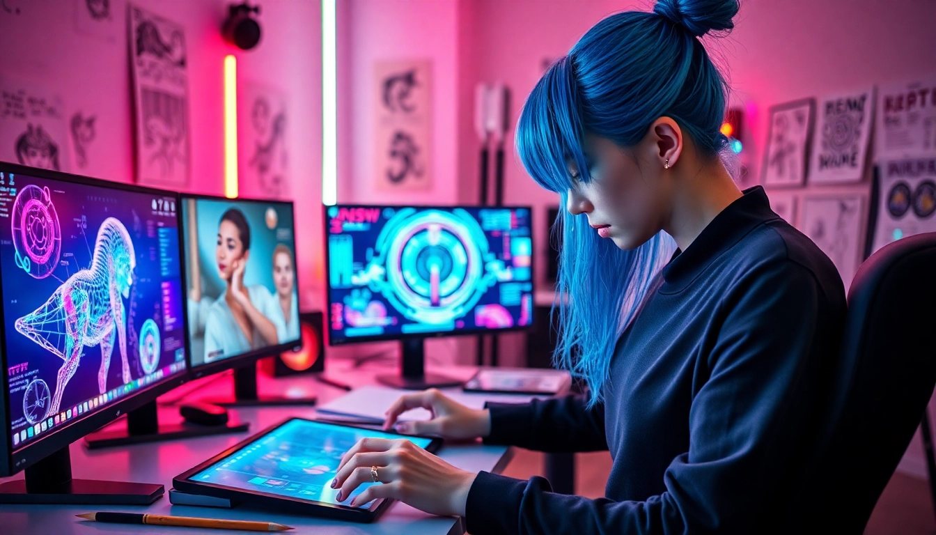 Artist creating innovative nsfw ai images in a vibrant digital studio