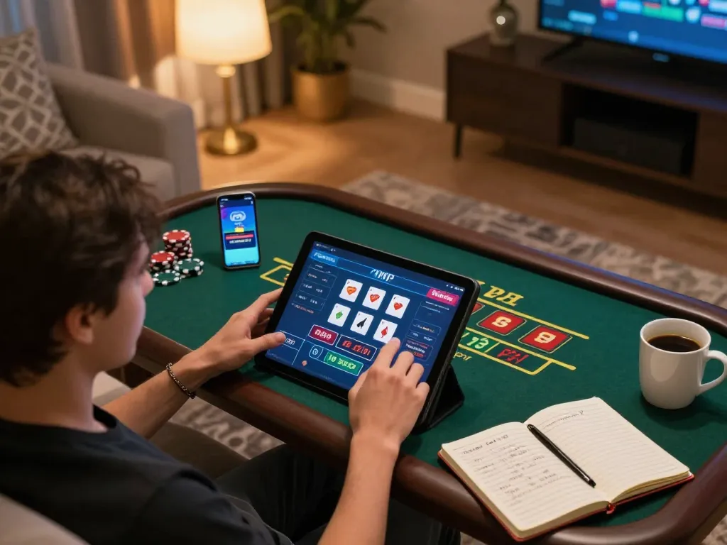 Engaged player enjoying live dealer blackjack on 79king app in cozy home setting.