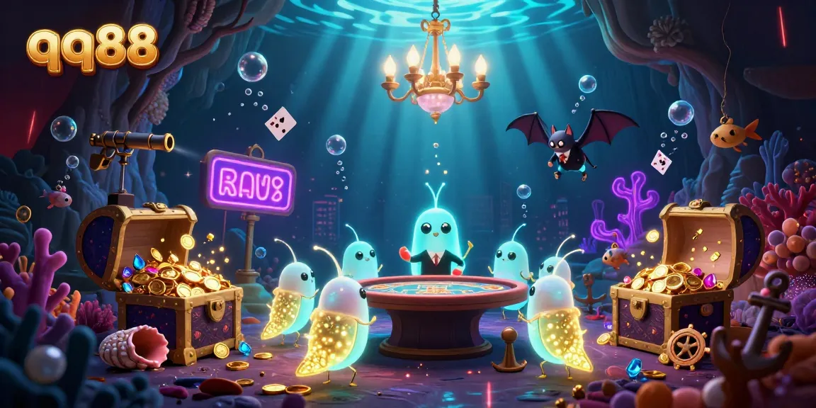 Experience the thrill of qq88's underwater casino with glowing characters and vibrant treasures.
