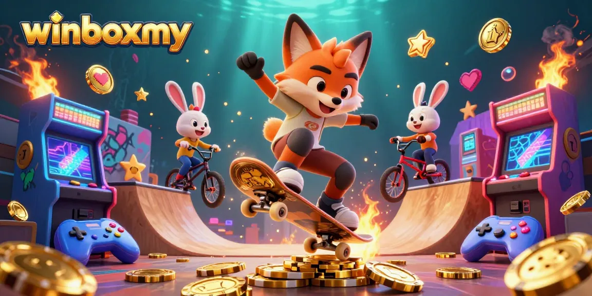 Experience the excitement of winboxmy as a cartoon fox and rabbit perform high-energy tricks in a vibrant casino-themed setting.