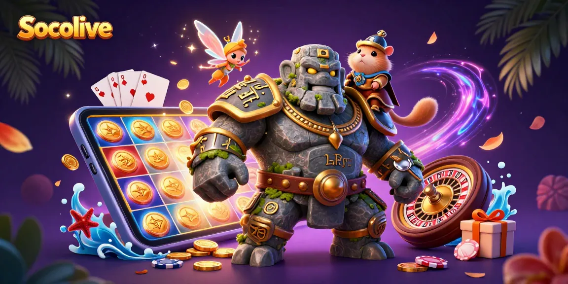 Socolive showcases thrilling gambling magic with a dynamic scene of a golem guardian, fairy, and hamster knight amidst vibrant casino elements.