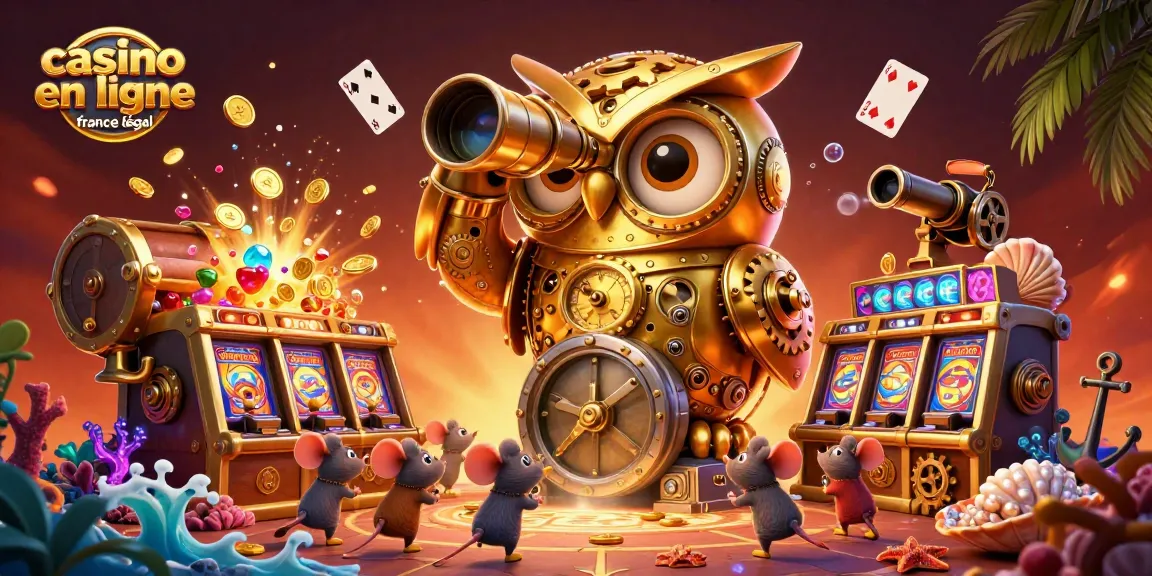 Jouez au casino en ligne France légal avec l'illustration dynamique du hibou doré et des machines à sous.