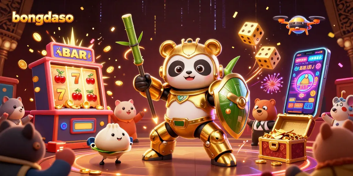 Bongdaso showcases a thrilling 3D illustration of a golden panda in a mech-suit engaging in an exhilarating jackpot celebration.