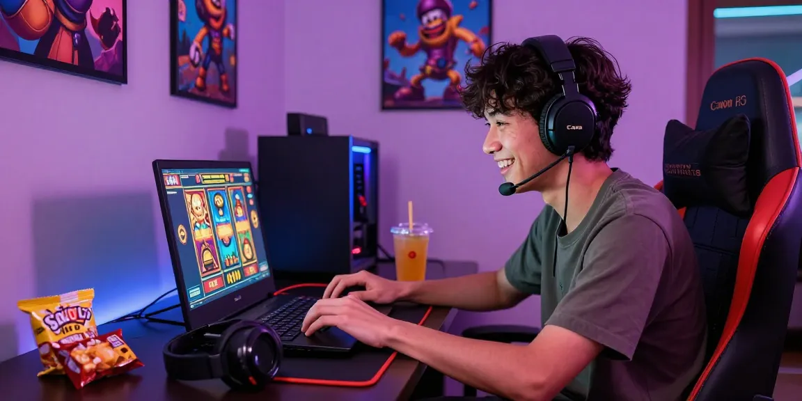 situs slot deposit 10 ribu gaming experience with individual enjoying colorful slot game on laptop in cozy setting.