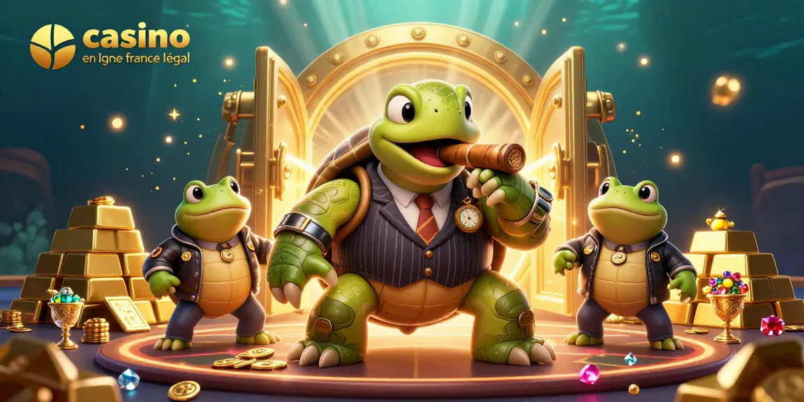 Plongez dans l'univers du casino en ligne légal en France avec un décor vibrant et animé, incarné par une tortue mobster.