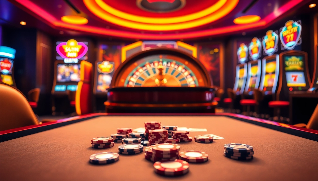 Engage with the thrilling atmosphere at https://sa88.it.com/ featuring table games, poker chips, and a spinning roulette wheel.