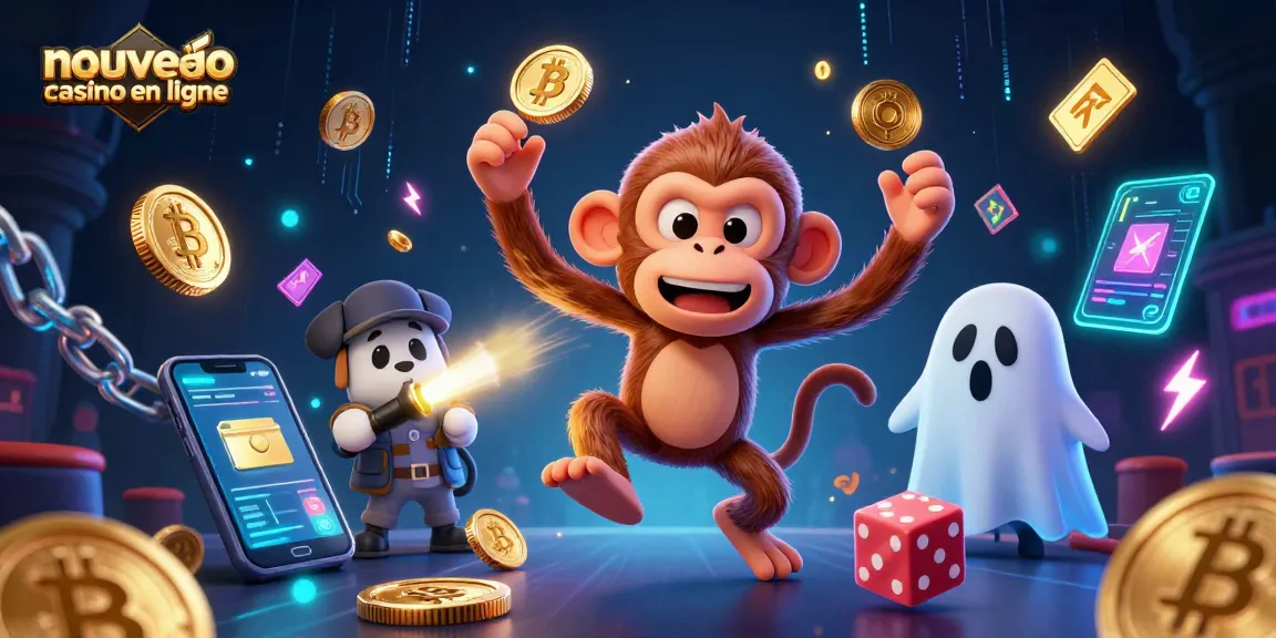 Nouveau casino en ligne : un singe sympathisant et un chiot enquêteur dans un casino hanté, entourés de monnaies et éléments numériques.