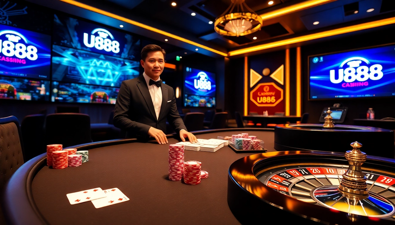 U888 users celebrate a winning hand at an elegant online casino table with interactive gaming elements.