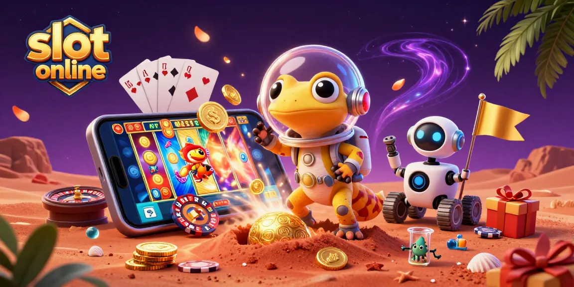 Engage in exciting slot online adventures with this vibrant 3D illustration featuring a Martian gecko and casino treasures.