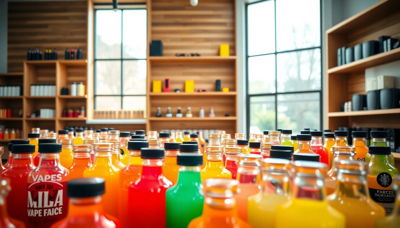Showcase various vape juice flavors at Vape Juice Depot with colorful bottles in a bright shop.