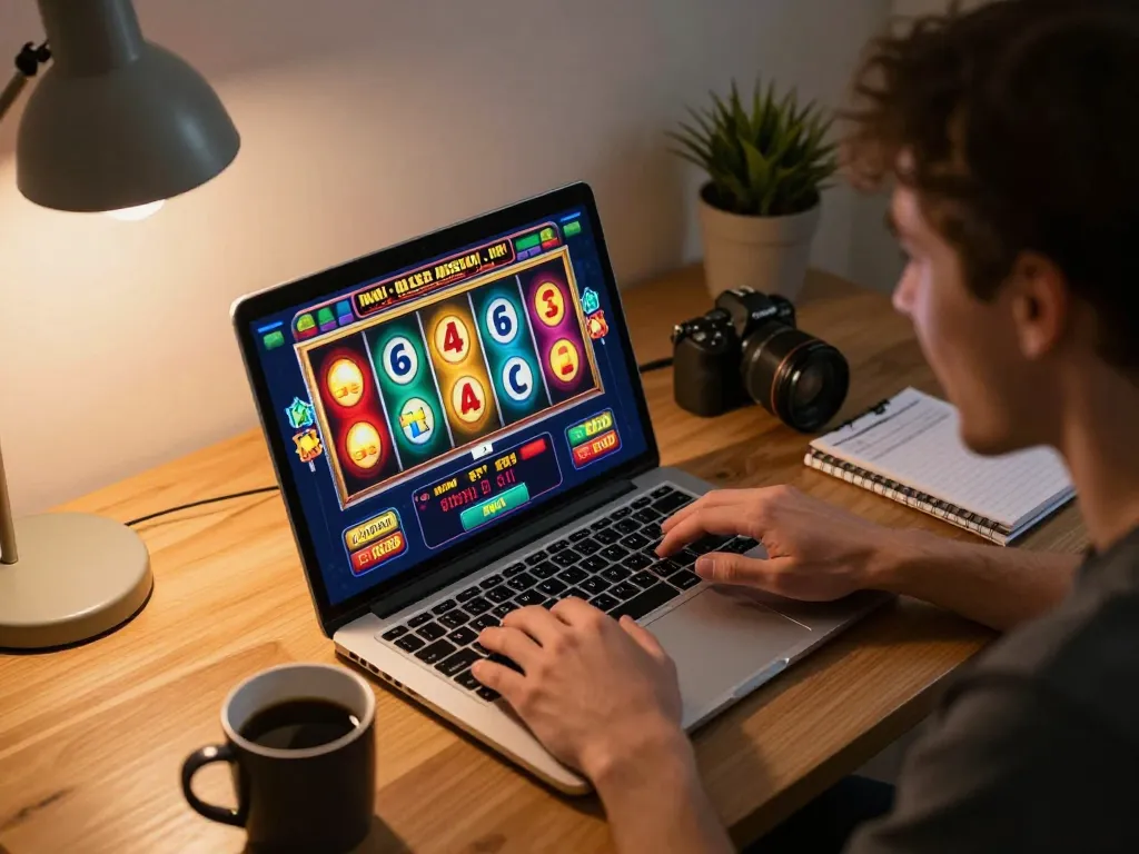 Engaged player exploring situs slot gacor online gaming on a laptop with vibrant reels.