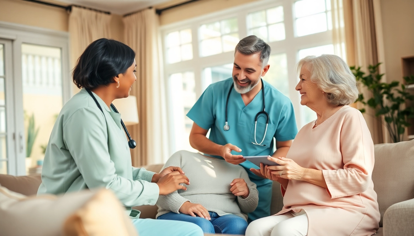 Engaging caregivers providing compassionate at home health care to a senior in a warm living room.