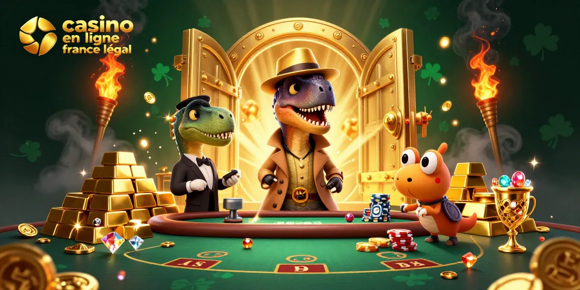 Illustration d'un vélociraptor au blackjack dans un casino en ligne France légal, une scène animée.