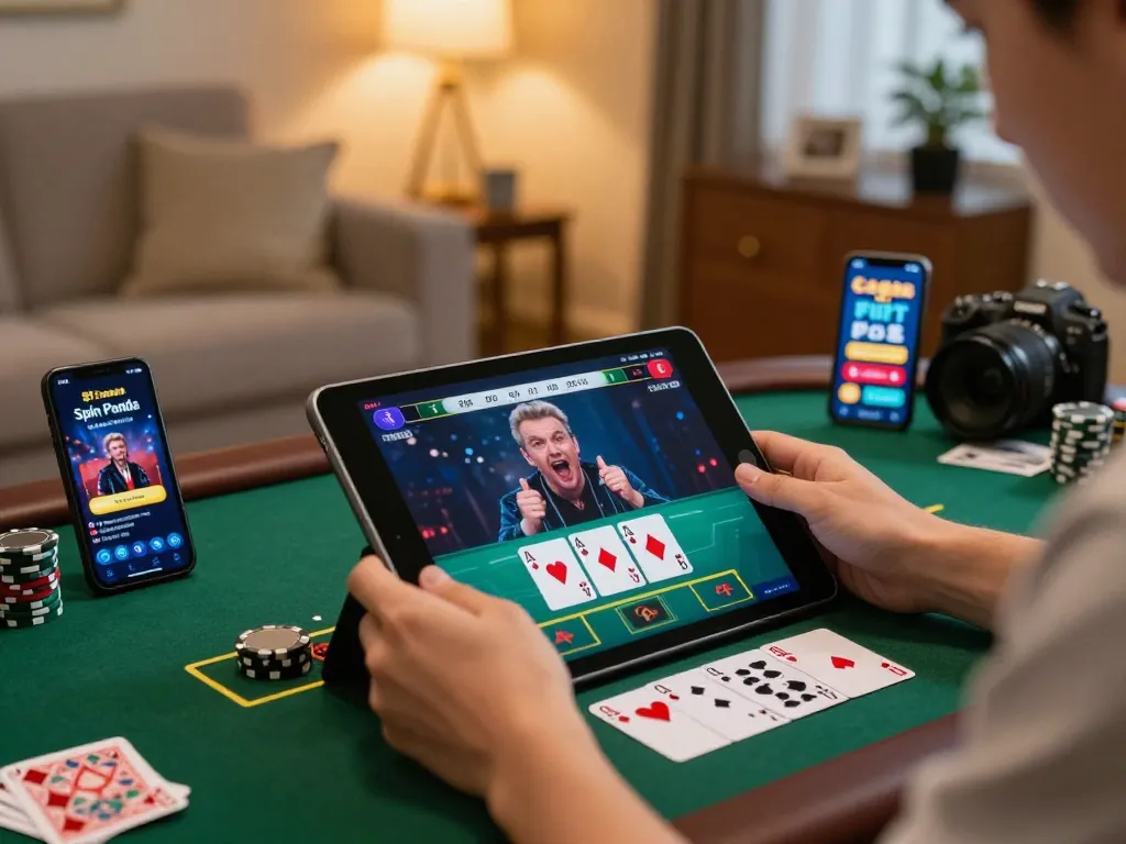 Engaging with live blackjack gameplay on Spin Panda Casino app, showcasing casual home gaming atmosphere.