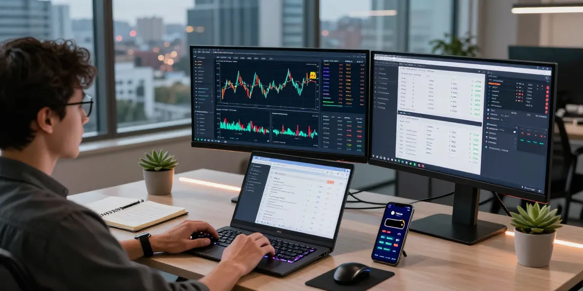 Regulated crypto mining platform with secure blockchain technology in a modern trading office filled with tech devices and charts.