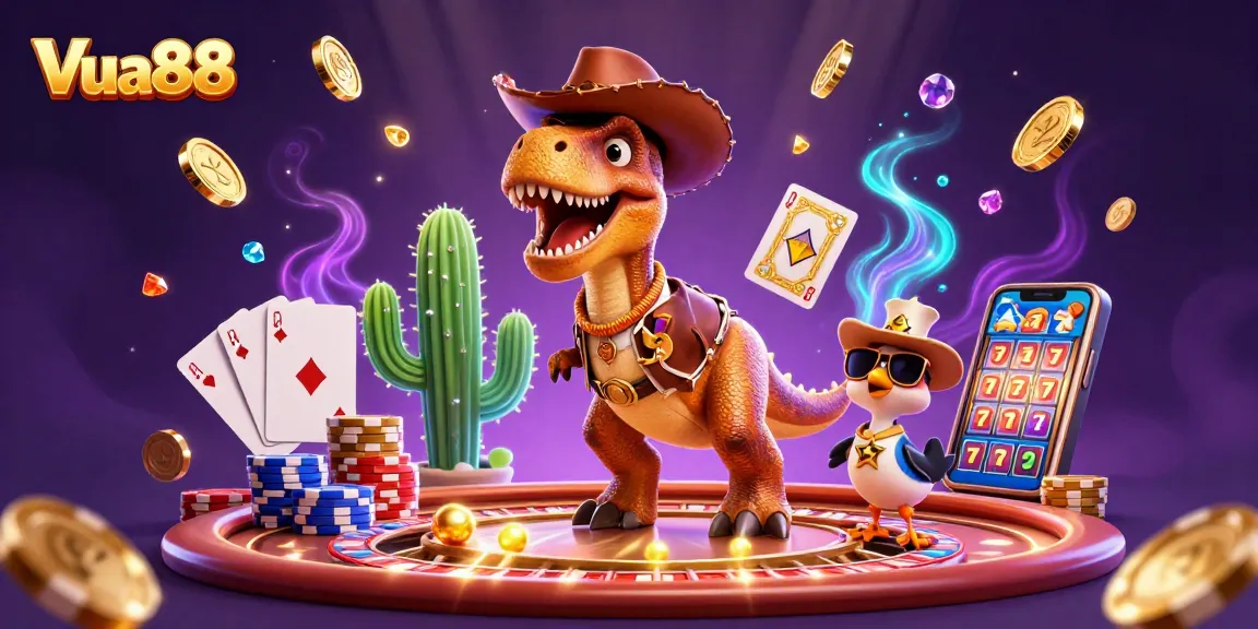 Experience Vua88 with vibrant casino elements including cowboy dinosaur and dynamic gaming action