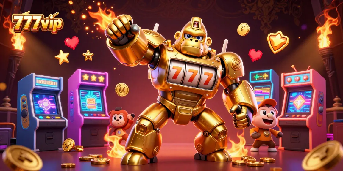 Experience thrilling gameplay at 777vip with a spectacular golden gorilla mech and game elements.