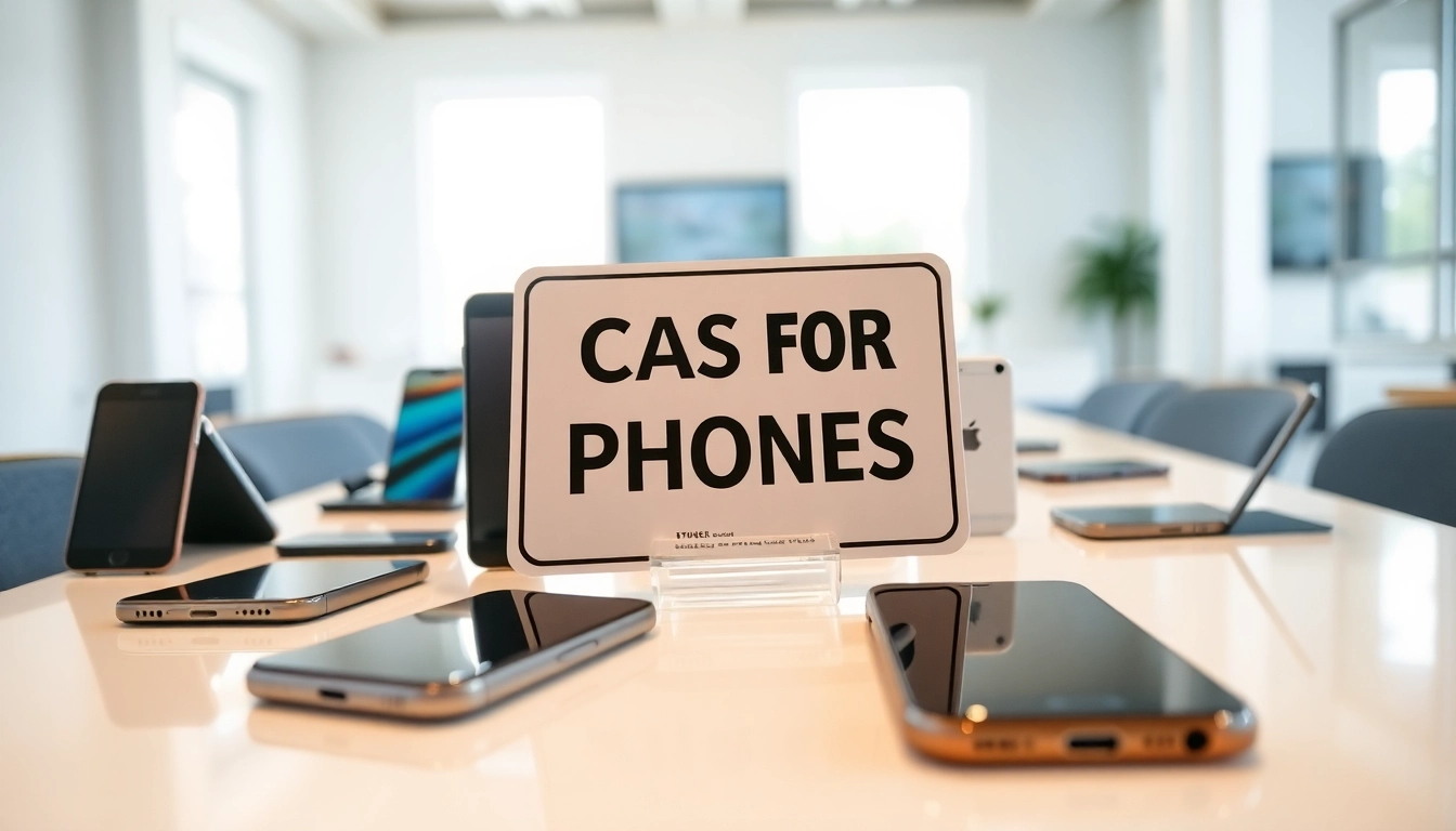 Engaging sign for cash for phones Bryant AR amid various smartphones on a modern table.