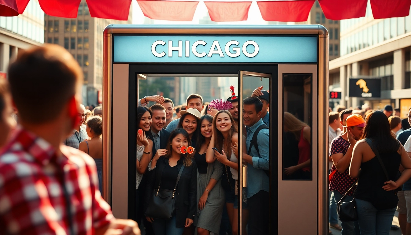 Excited friends utilizing a photo booth chicago at a vibrant urban event.