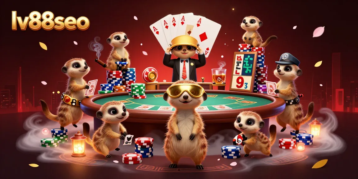 Engage with the vibrant LV88SEO casino scene featuring meerkats expertly managing a dynamic poker game.
