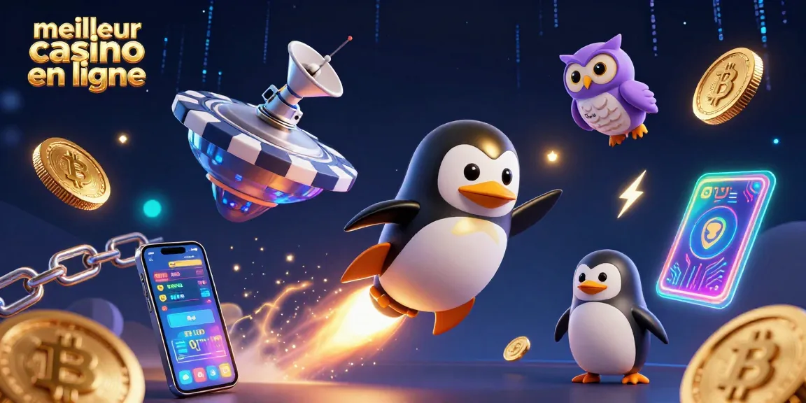Le meilleur casino en ligne: illustration d'un pingouin doré propulsé par une fusée, avec des pièces d'or et des éléments de jeu.