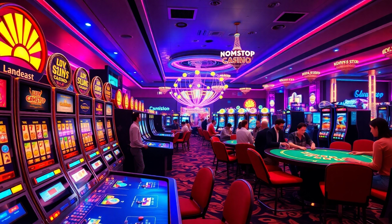 Engaging scene of a vibrant non gamstop Casino Uk atmosphere with players at slot machines.